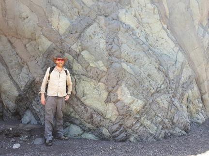 James Cresswell pointing out dykes in the exposed seamount at the base of Caldera de Taburiente, La Palma