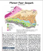 An image containing a map and text which is the first page of a magazine article about the geology of the Fforest Fawr Geopark