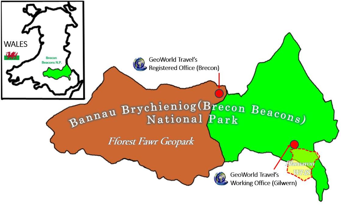 A map showing the location of GeoWorld Travel within the Fforest Fawr Geopark in Wales