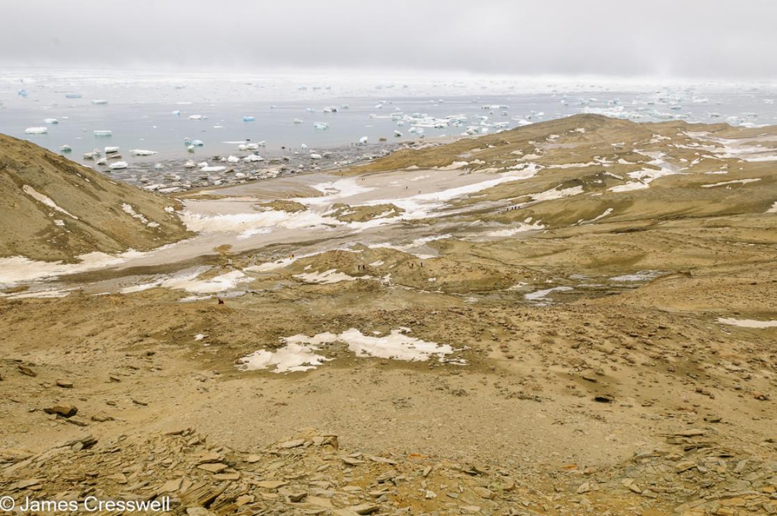 A photograph of Seymour Island in the Weddell Sea. This island is usually snow free and is the most important palaeontological site in Antarctica