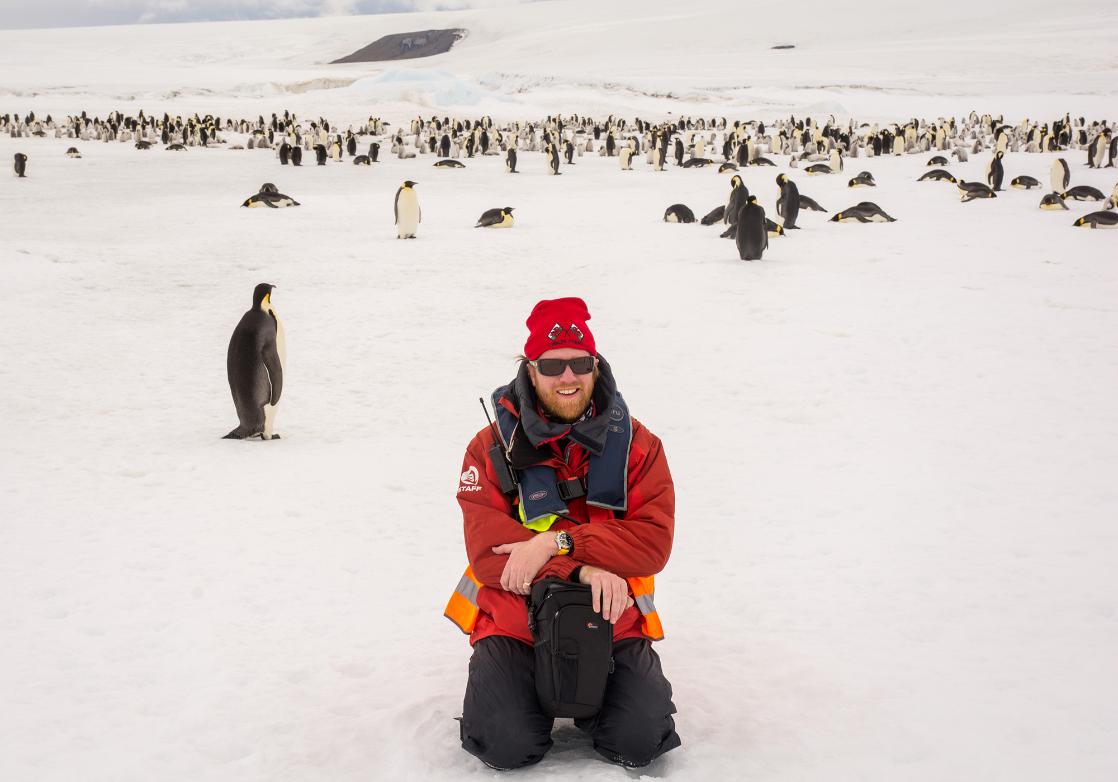 A photograph of James Cresswell at the Snow Hill Emperor Penguin colony, Antarctica
