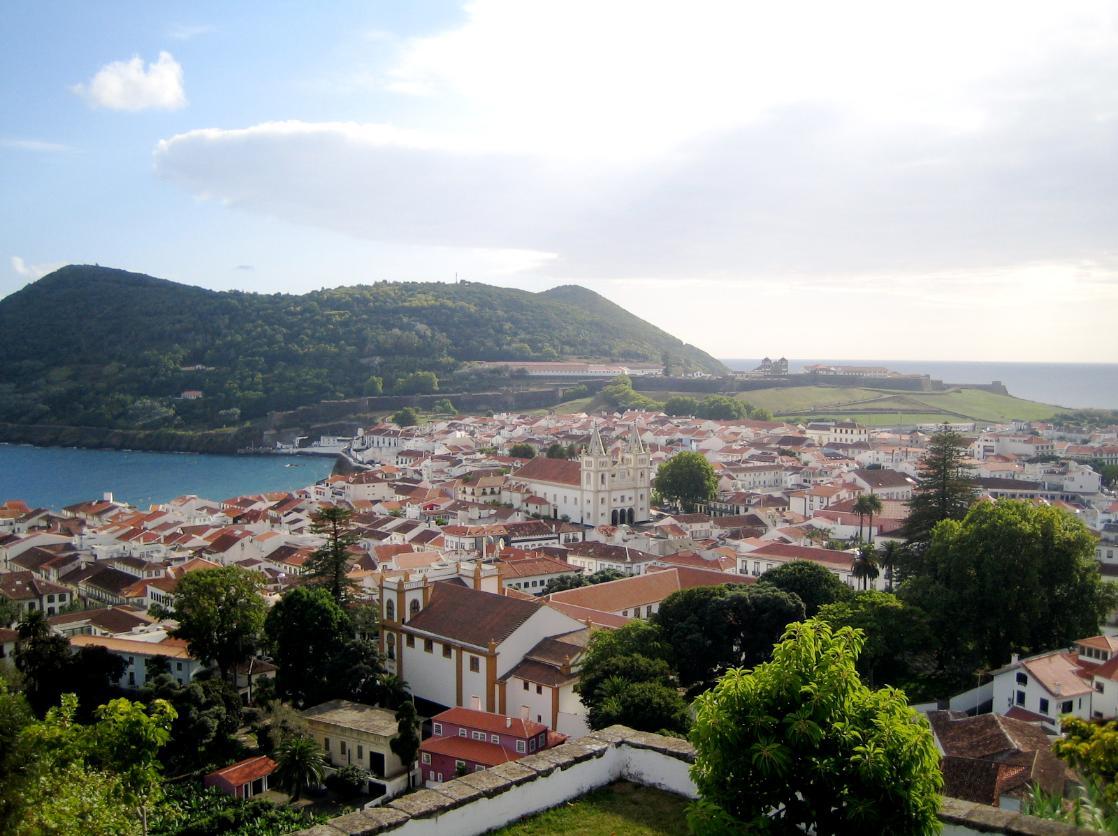 Angra do Heroísmo World Heritage Site with Monte Brasil surtseyian tuff cone in the background. Teciera Island