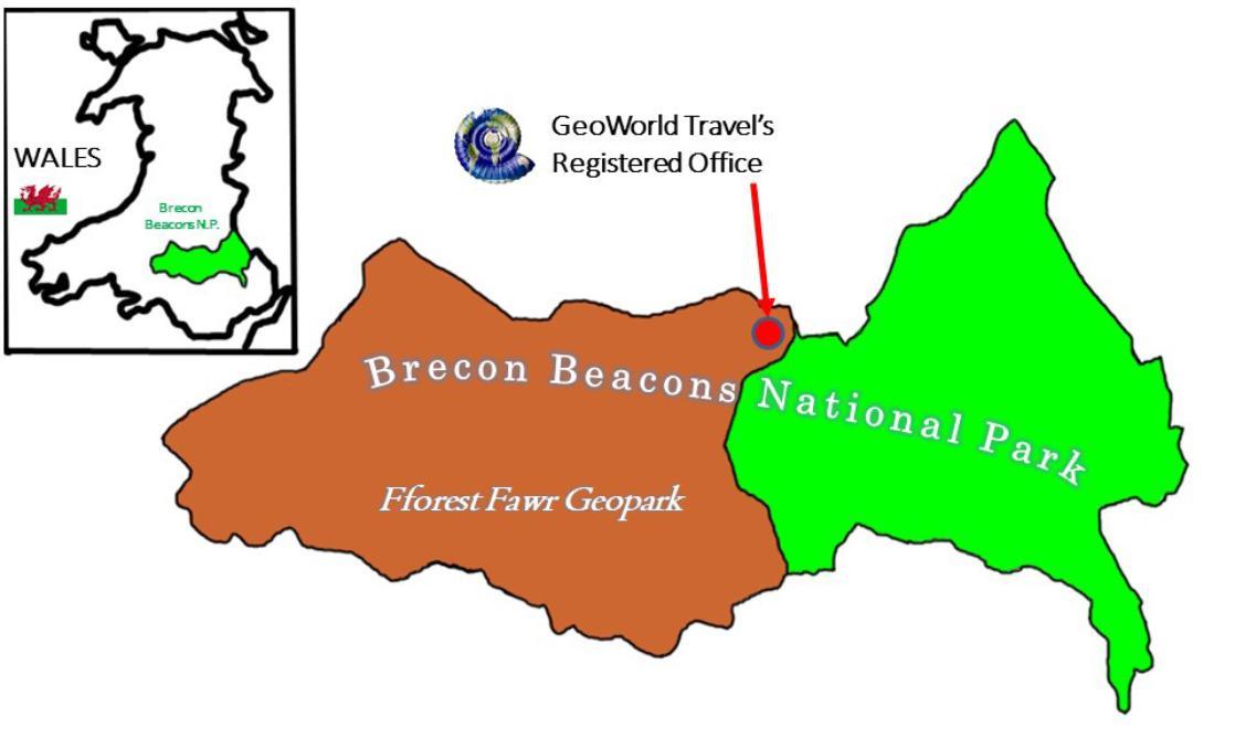 An image containing a map that shows the location of GeoWorld Travel Ltd within the Fforest Fawr Geopark and Brecon Beacons National Park