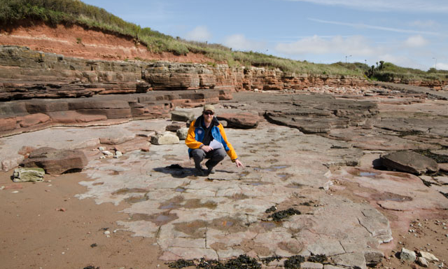 James Cresswell points to dinosaur tracks at Bendrick Rocks on the Glamorgan Heritage Coast on a GeoWorld Travel day trip