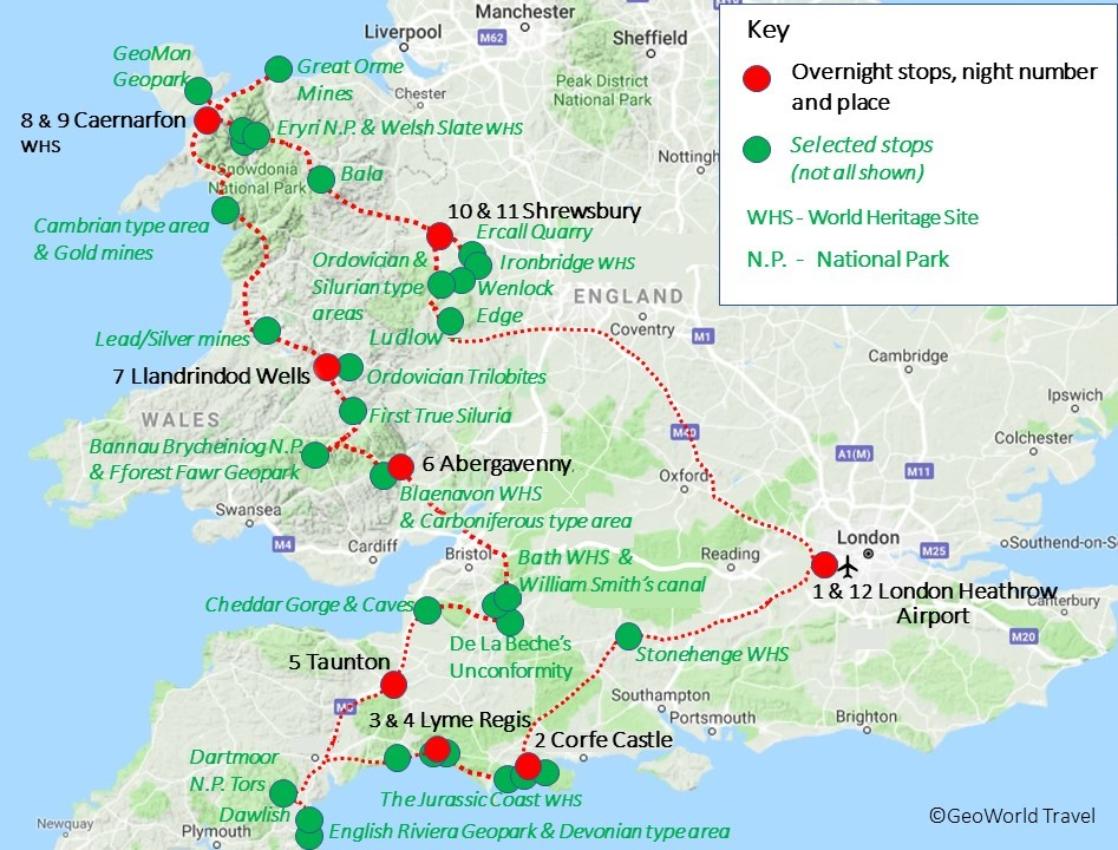 England and Wales geology tour route map