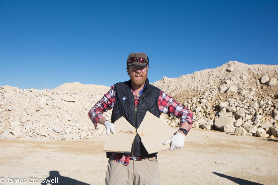 A photograph of James Cresswell finding fossil fish at Kemmerer, USA, on a GeoWorld Travel fossil trip and fossil hunting holiday