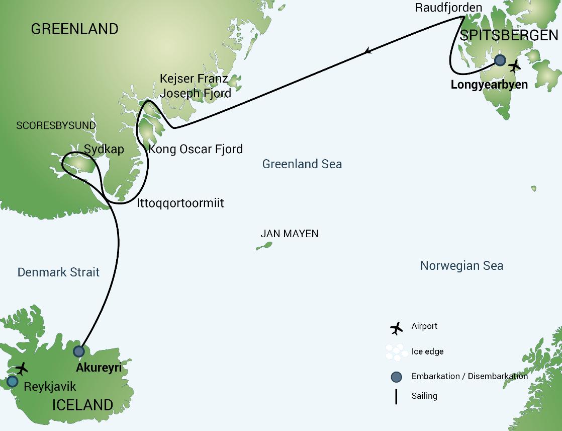 Route map of East Greenland geology expedition cruise
