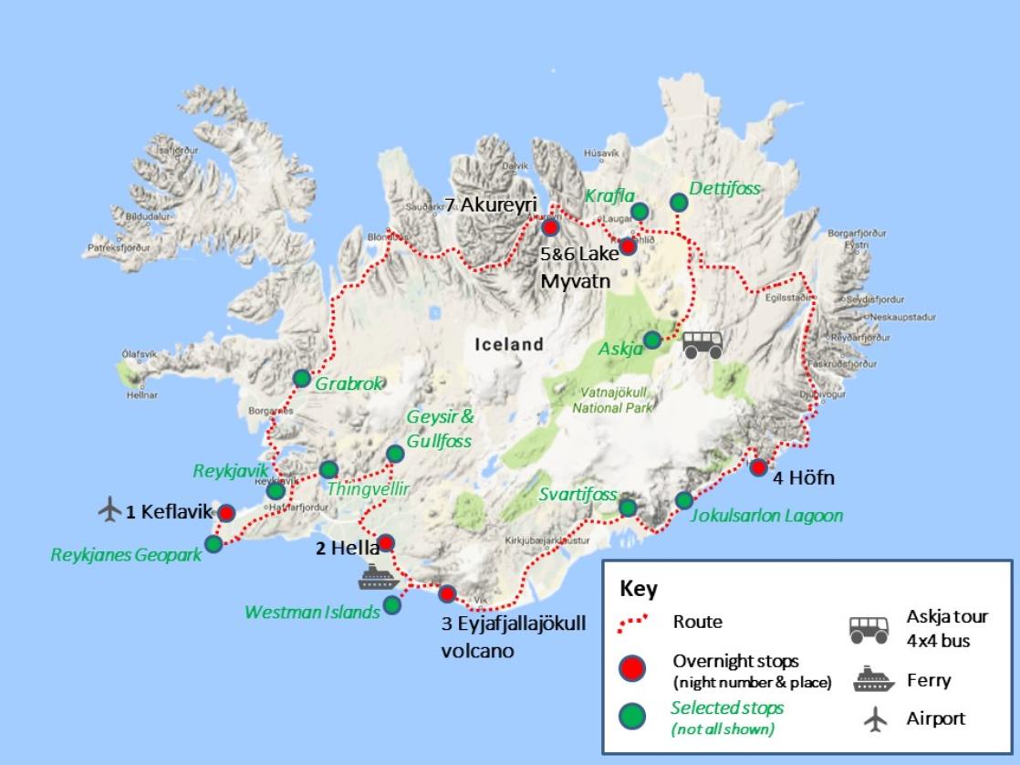 An image containing a map of the GeoWorld Travel Iceland geology trip and holiday