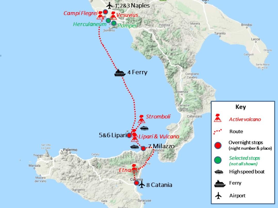 Italy volcano tour route map, GeoWorld Travel