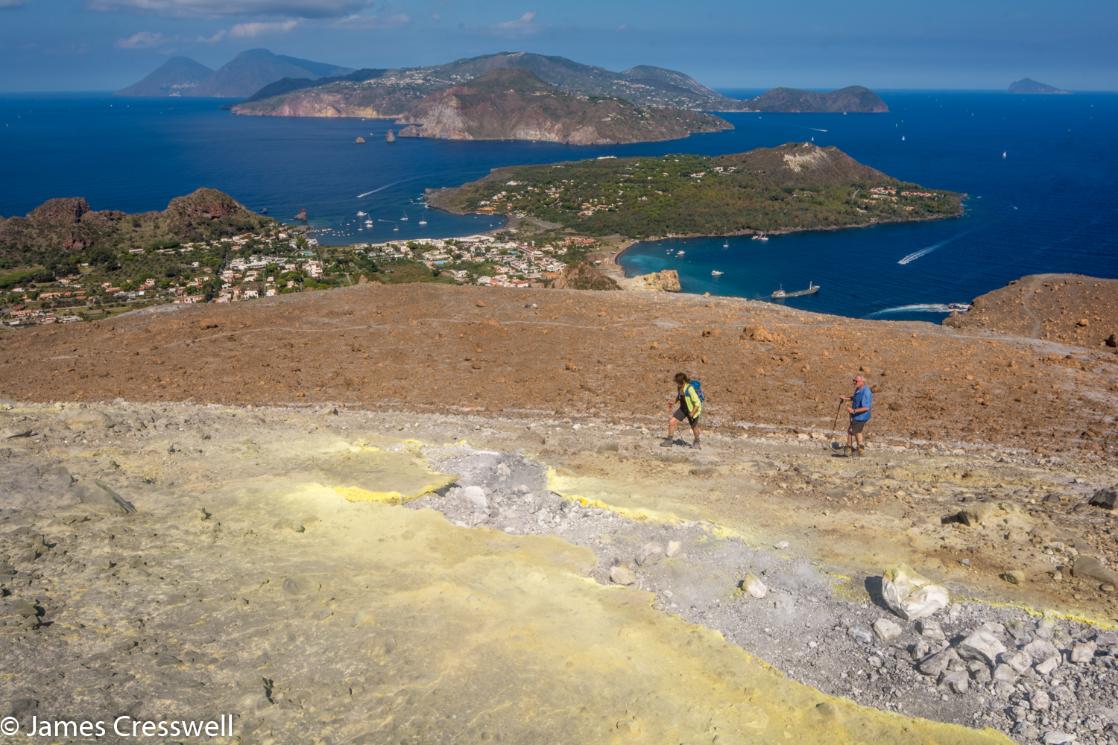 A photograph taken from the crater rim of Vulcano looking to Lipari, taken on a GeoWorld Travel Italy volcano and geology tour, trip and holiday