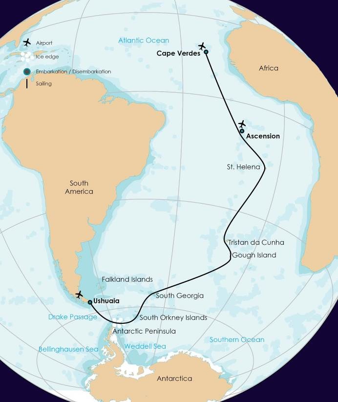 An image containing a map of the Atlantic Odyssey, PolarWorld Travel