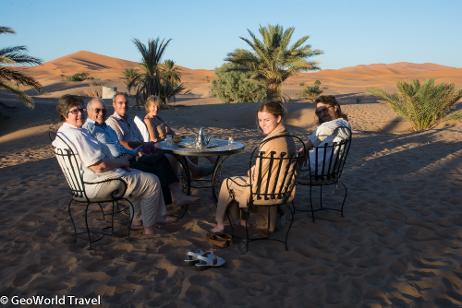 Enjoying the view of the Erg Chebbi sand dunes at our hotel in Merzouga. Morocco geology fossil hoilday