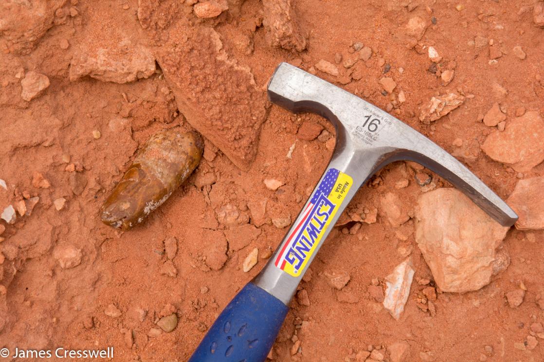 A photograph of a geological hammer an a dinosaur tooth, a Spinosaurus tooth in the Kem Kem beds, taken on a GeoWorld Travel fossil geology trip, tour and holiday