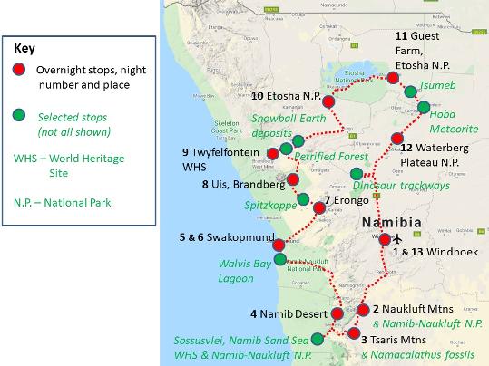 An image containing a map of GeoWorld Travel's Namibia geology trip, tour and holiday