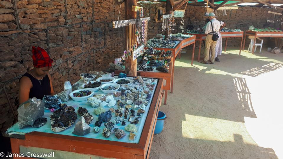A photograph of mineral vendors and stalls, taken on a GeoWorld Travel Namibia geology trip, tour and holiday