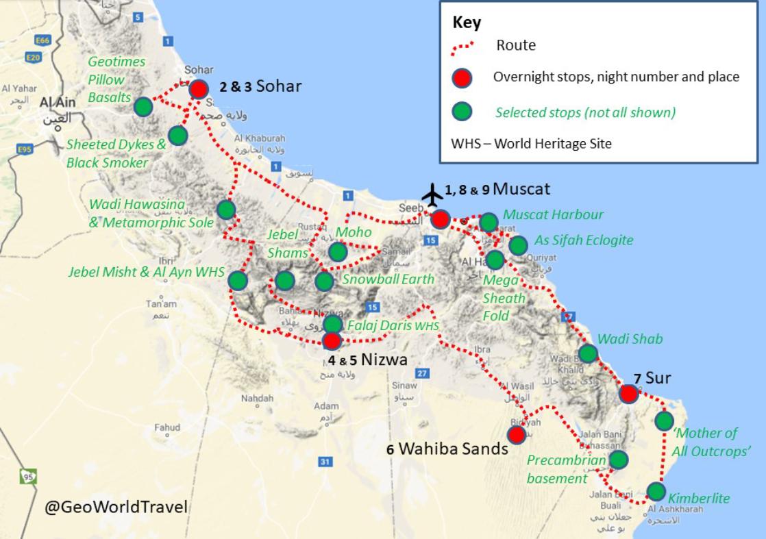 Oman geology tour route map