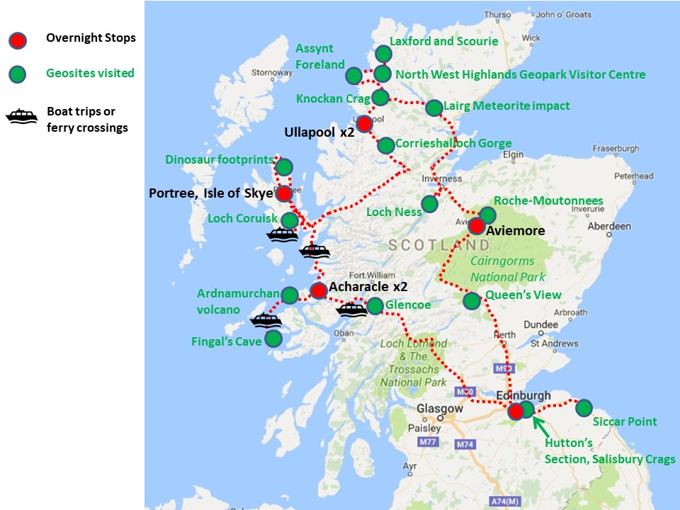 An image containing a map of GeoWorld Travel's Scotland geology trip, tour and holiday route map