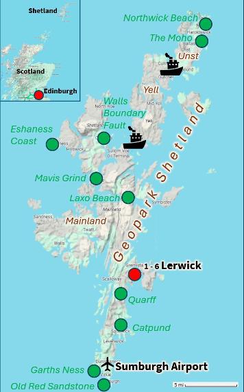 A map of Shetland showing selected geological sites