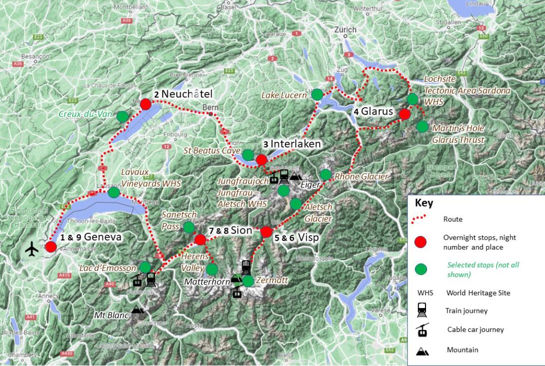 Switzerland geology tour route map GeoWorld Travel