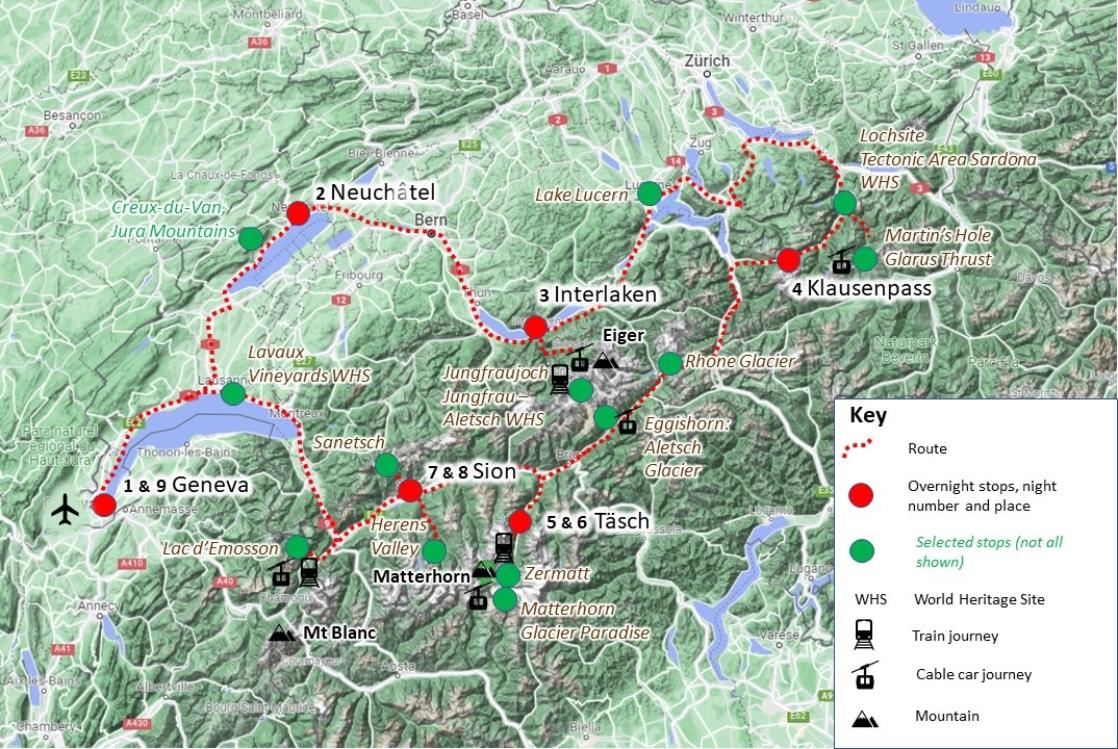 Switzerland geology tour route map
