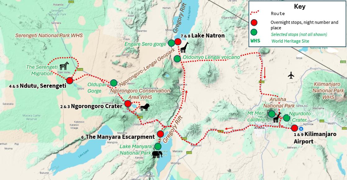 The GeoWorld Travel Tanzania geology tour route map