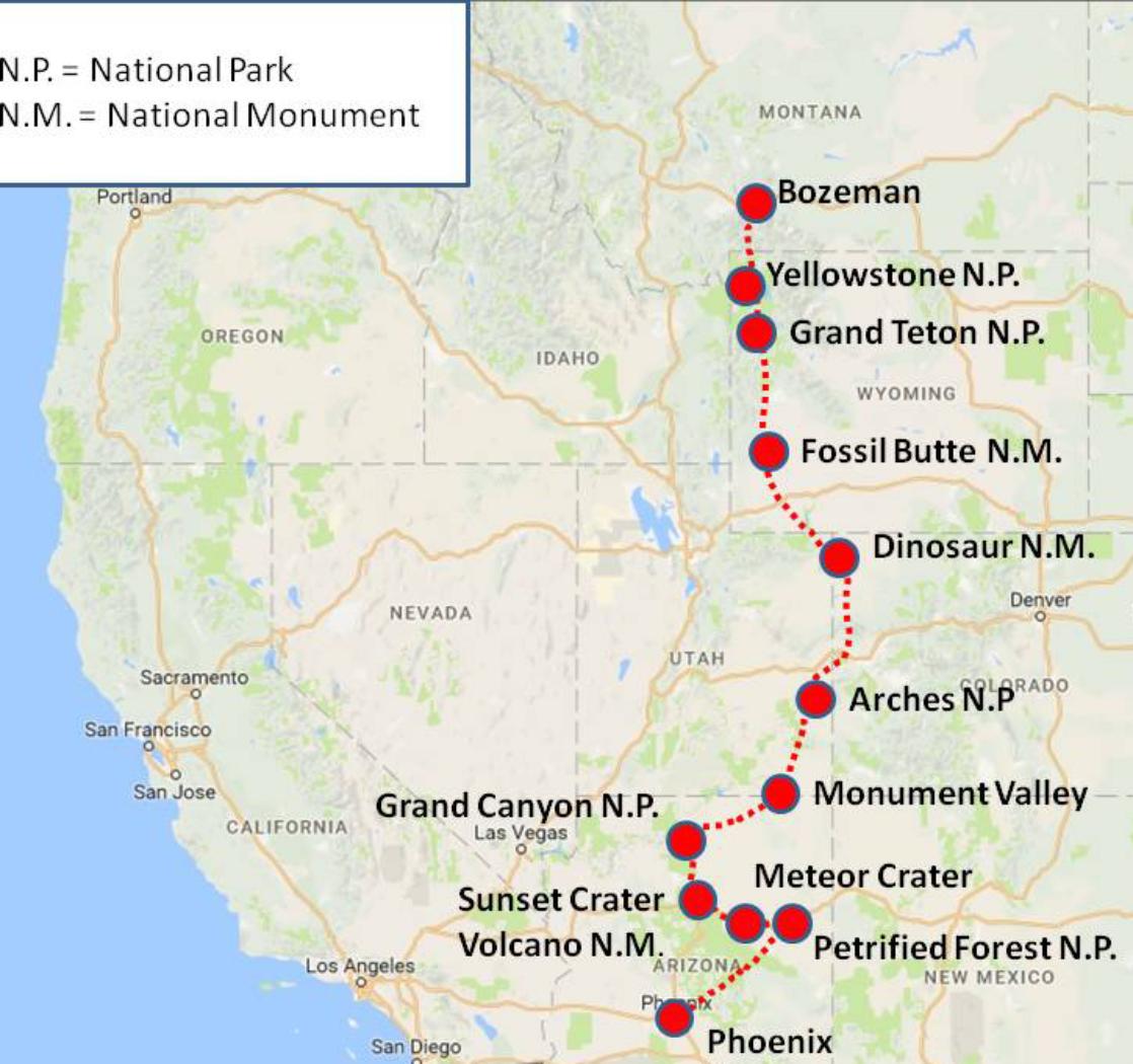 An image of a route map of the GeoWorld Travel USA geology trip, tour and holiday