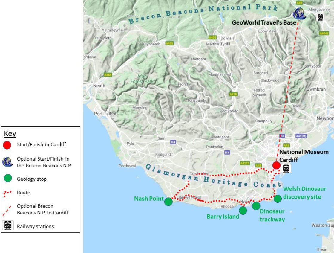 Map containing GeoWorld Travel's Welsh Dinosaur day tour